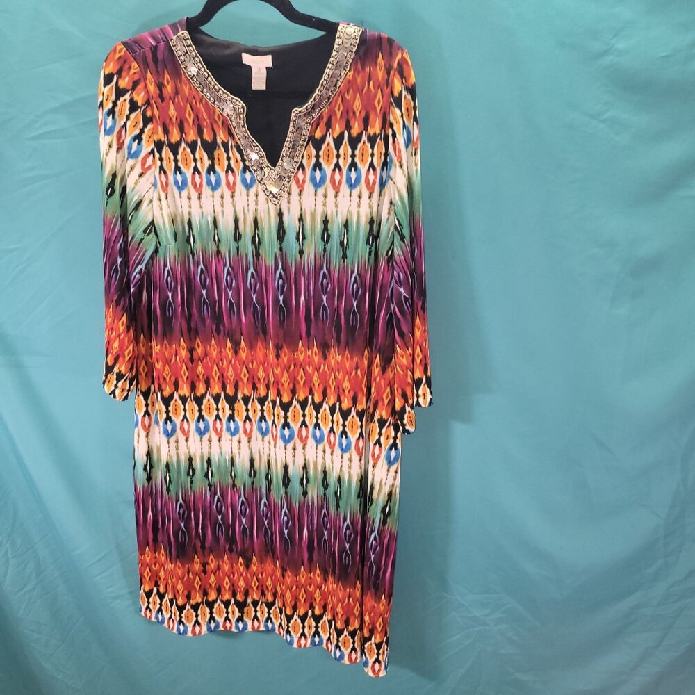 Chicos Multicolor Sequin Beaded Neckline Dress Size 3 Polyester/Spandex